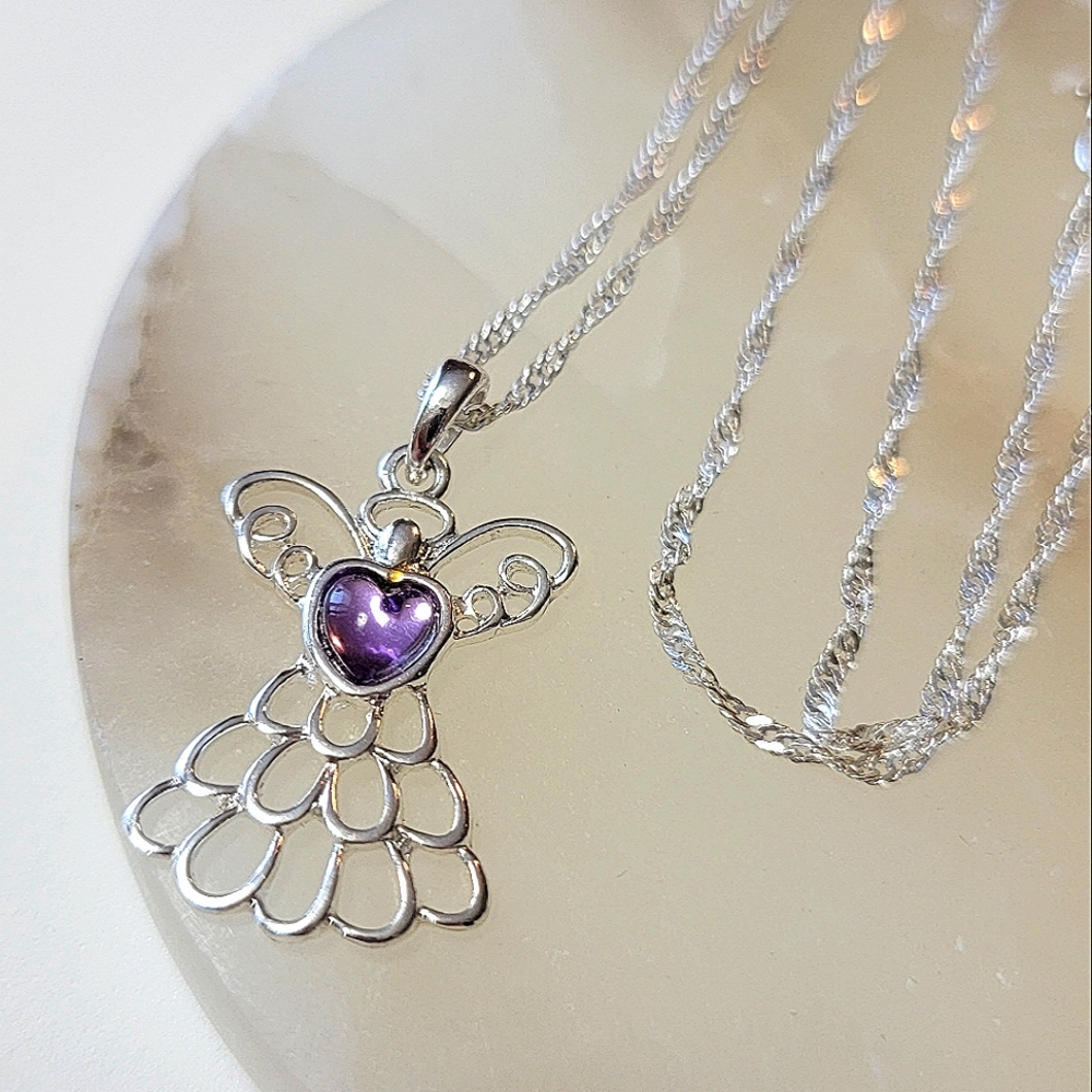 Mary Birthstone Angel Necklace June Alexandrite Color Filigree Silver Tone Avon